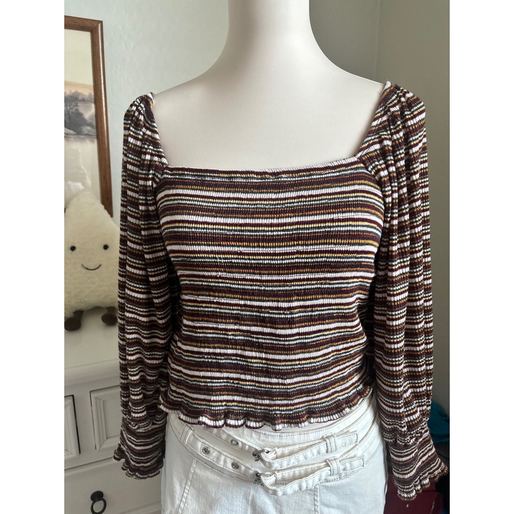 Striped Square Neck Top Anthropologie boho Lettuce Edge Ribbed Knit